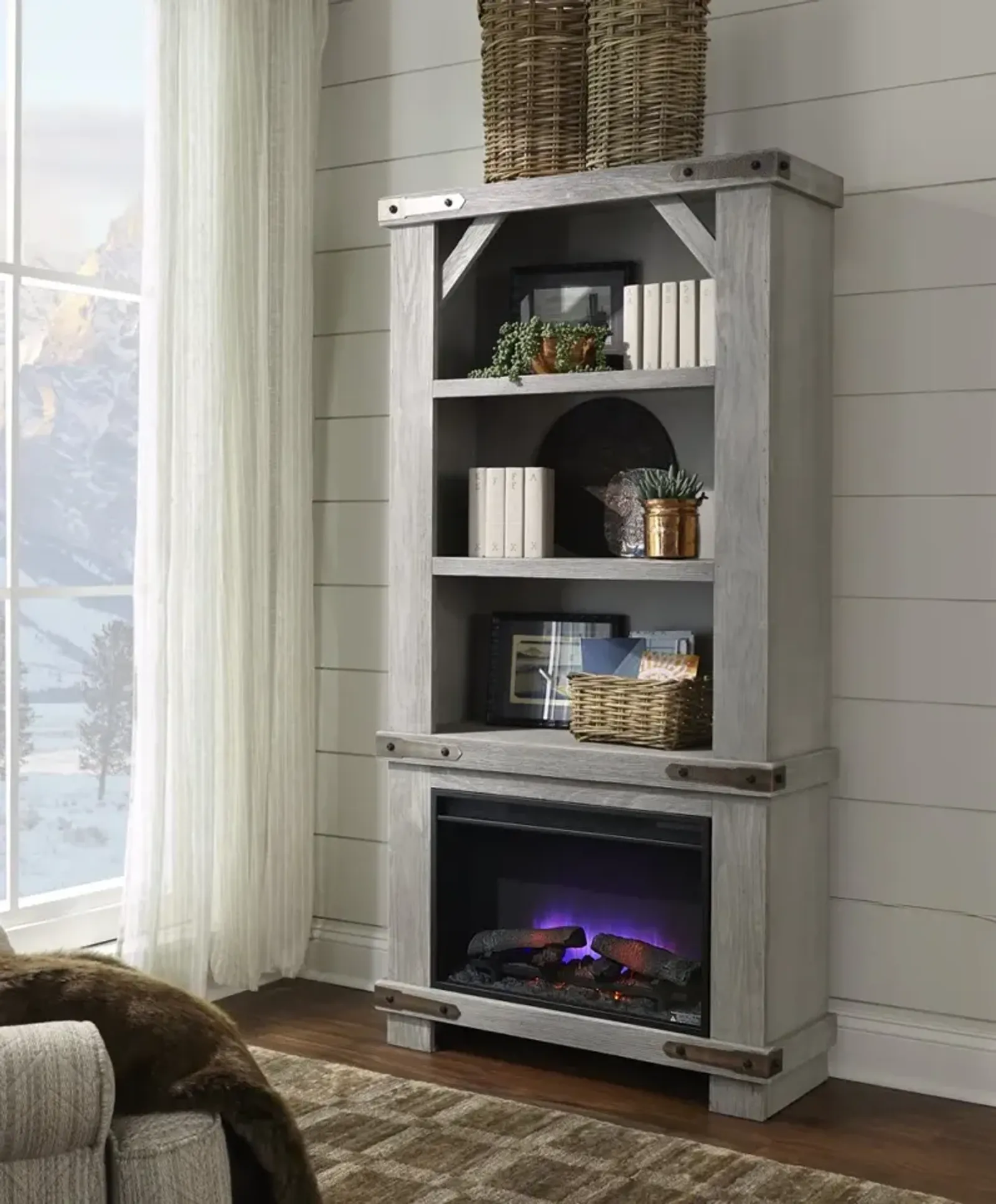 Aspenhome Sawyer Lighthouse Grey 74 Inch Fireplace Bookcase