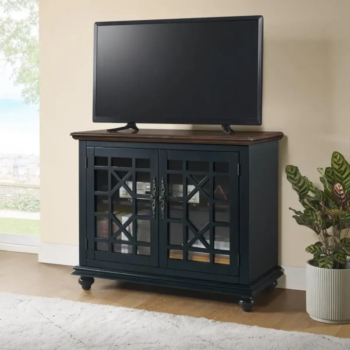 Martin Svensson Palisades Small Spaces TV Stand in Blue with Coffee Walnut Top