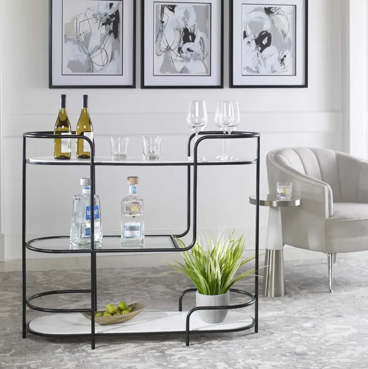 Uttermost Trolley Satin Black/White Bar Console