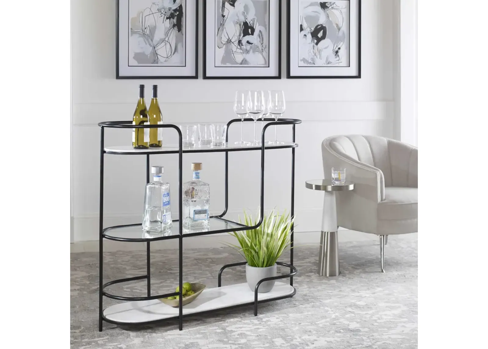 Uttermost Trolley Satin Black/White Bar Console