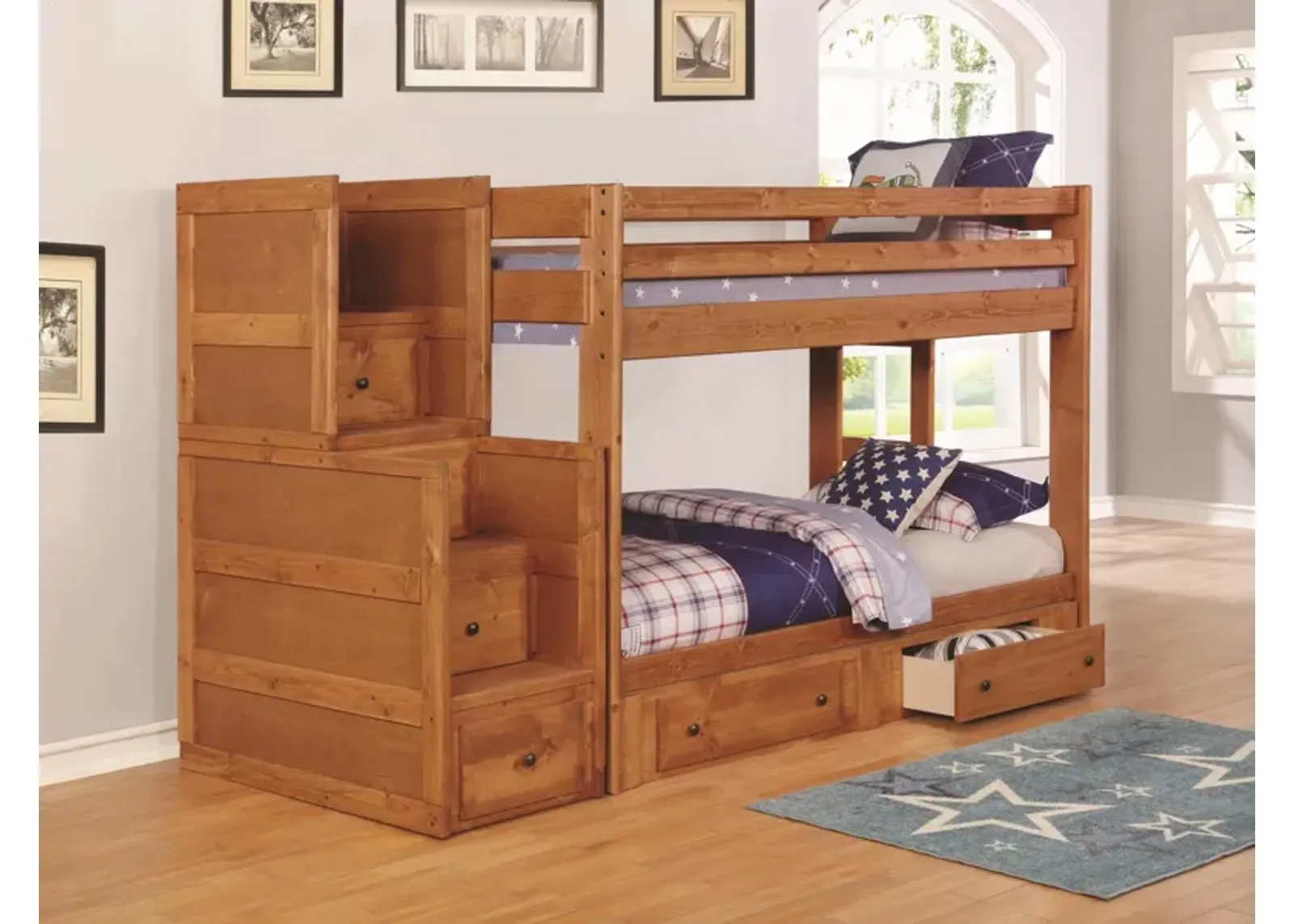 Wrangle Hill Wood Twin Over Twin Bunk Bed Amber Wash