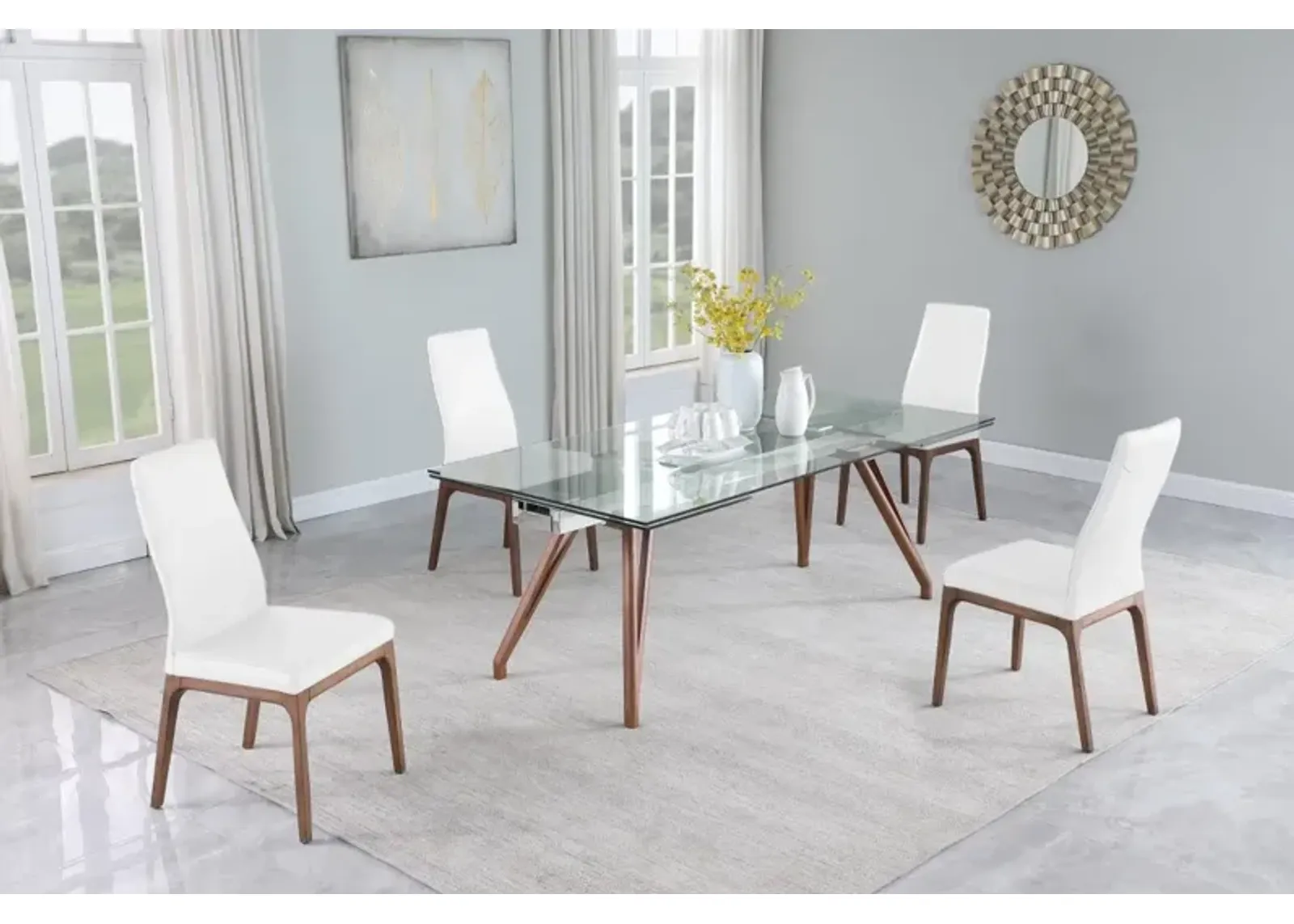 Chintaly Erika White Modern Walnut Dining Set with Extendable Table & 4 Solid Wood Chairs