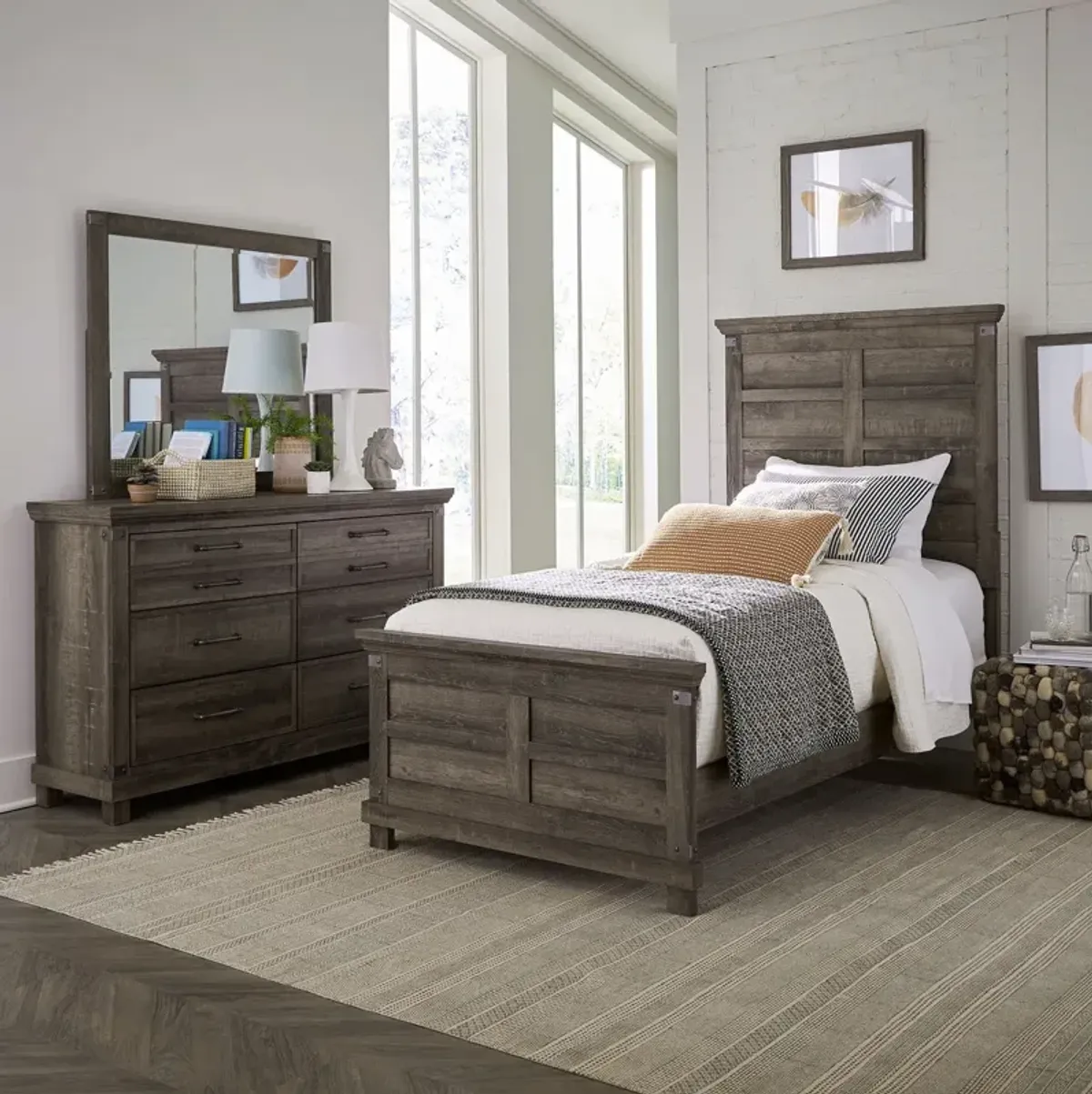 Complete Twin Bedroom Set - Panel Bed, Dresser & Mirror - Block Feet Lakeside Haven