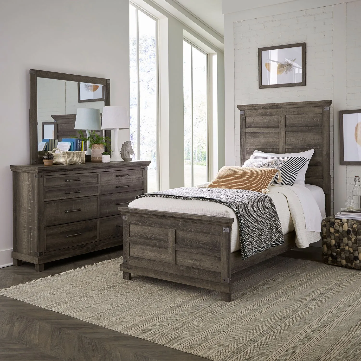 TWIN BLOCK FEET PANEL BED DRESSER MIRROR - LAKESIDE HAVEN