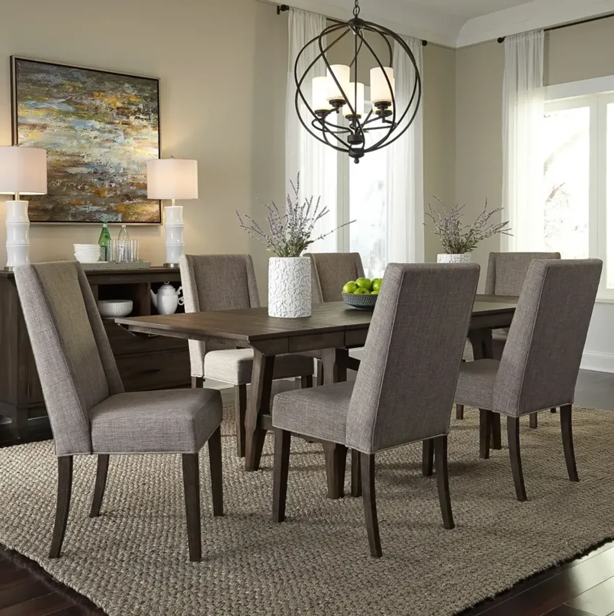 Liberty Furniture 7-Piece Dark Chestnut Trestle Dining Table Set with Upholstered Side Chairs Double Bridge