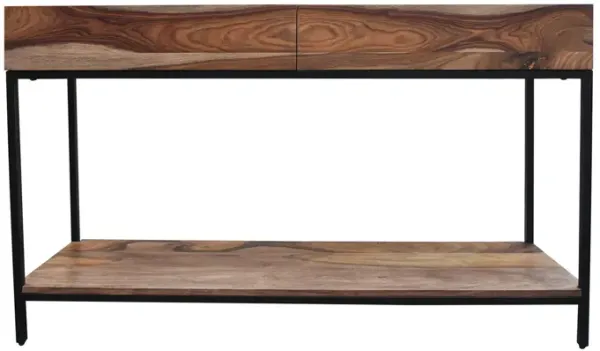 MERCER RUSTIC 2 DRAWER CONSOLE SOFA TABLE WITH SHELF - NATURAL FINISH WITH BLACK METAL LEGS