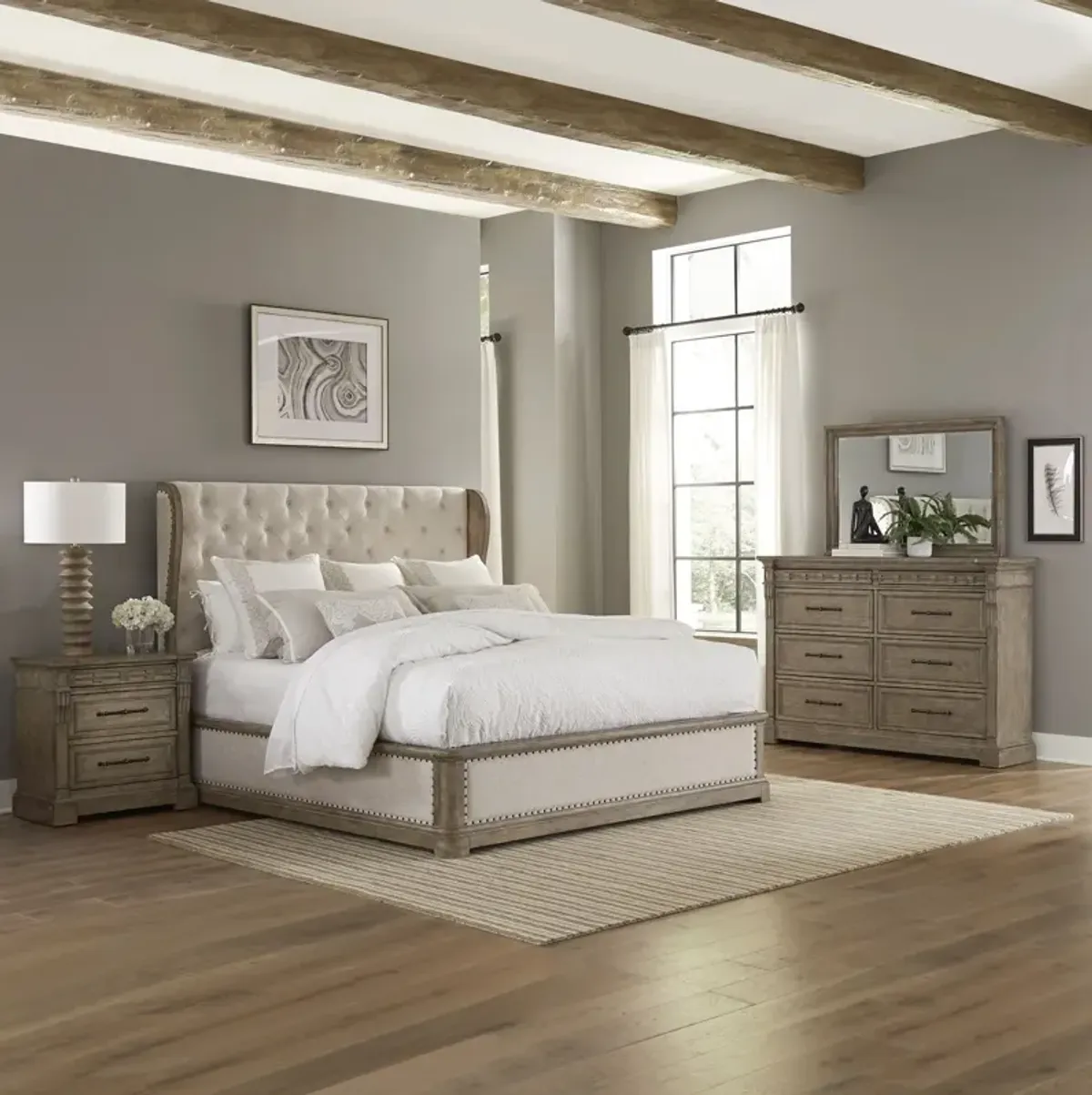 Complete Queen Bedroom Set - Shelter Bed, Dresser, Mirror & Nightstand - Town Country