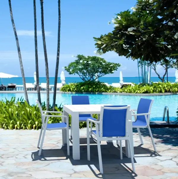 Compamia Pacific 5-Piece Outdoor Dining Set with Extension Table & Sling Arm Chairs White Frame Blue Sling
