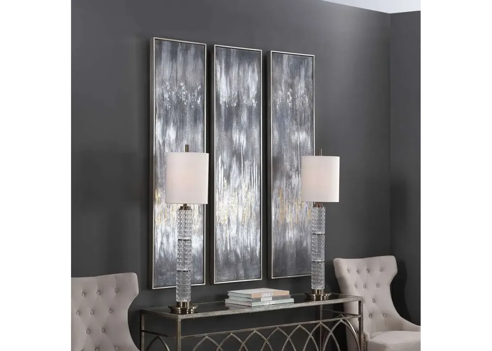 Uttermost Gray Showers 3-Piece Metallic Silver Hand Painted Wall Art Canvases