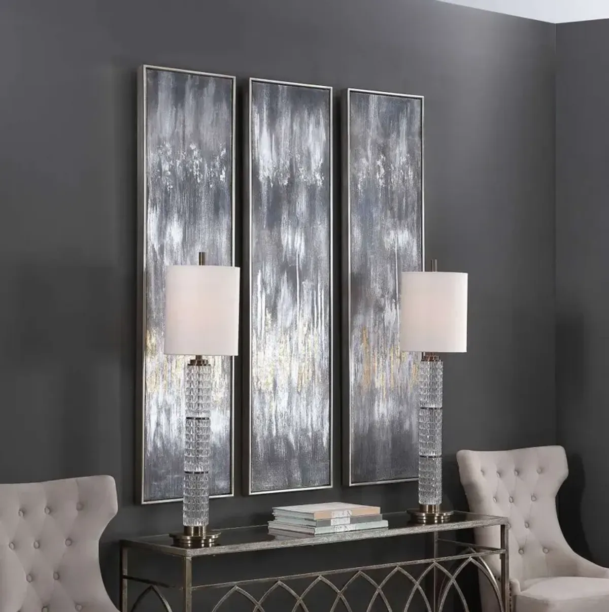 Uttermost Gray Showers 3-Piece Metallic Silver Hand Painted Wall Art Canvases