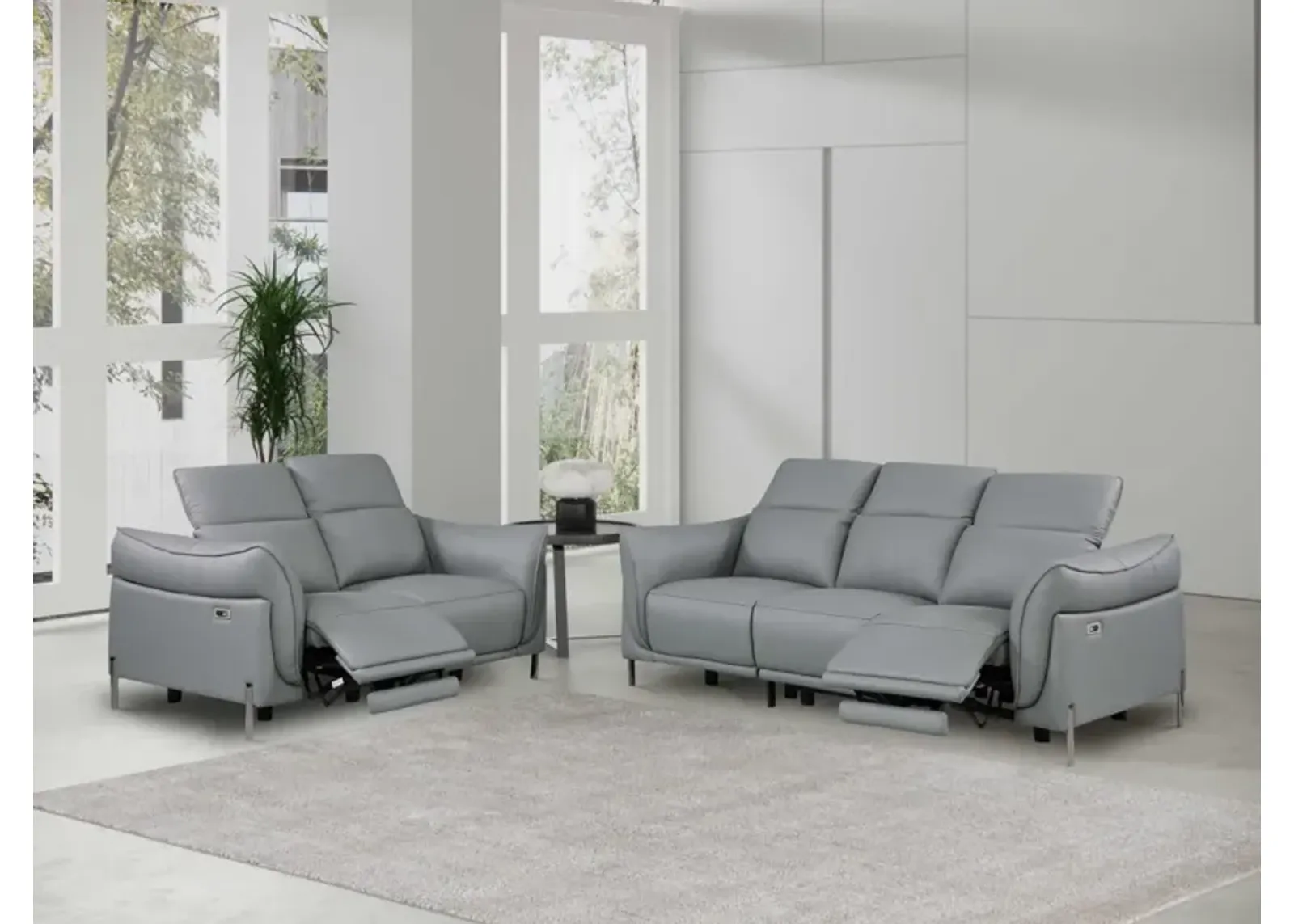 Chintaly Nashville Grey Contemporary Set with One-Touch Reclining Sofa & Love Seat