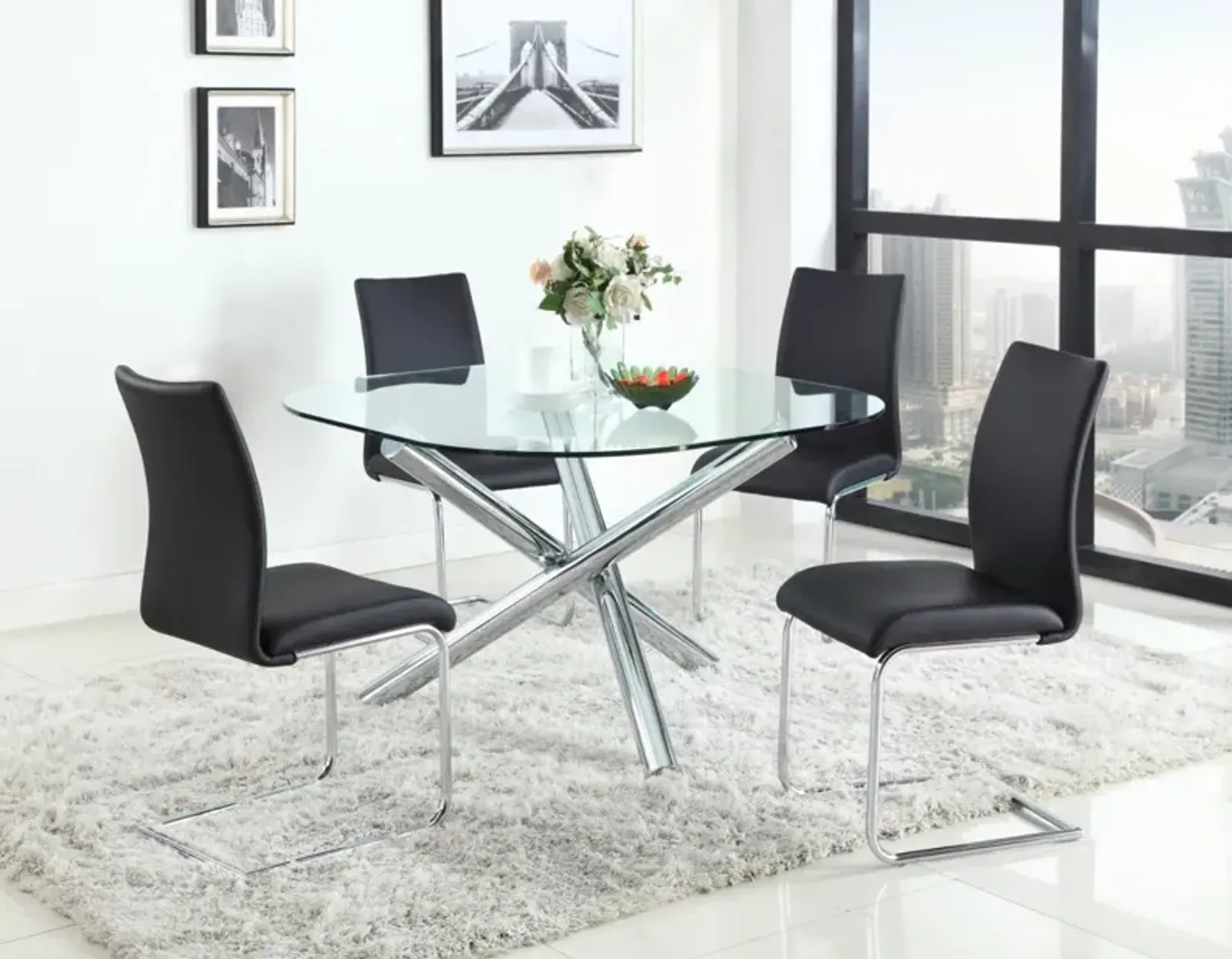 Chintaly Leatrice Black Dining Set with Glass Top Table & 4 Cantilever Chairs