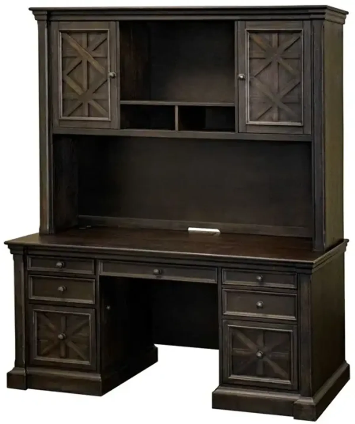 Martin Furniture Kingston Dark Chocolate Rub Through with Criss-Cross Detail Office Hutch