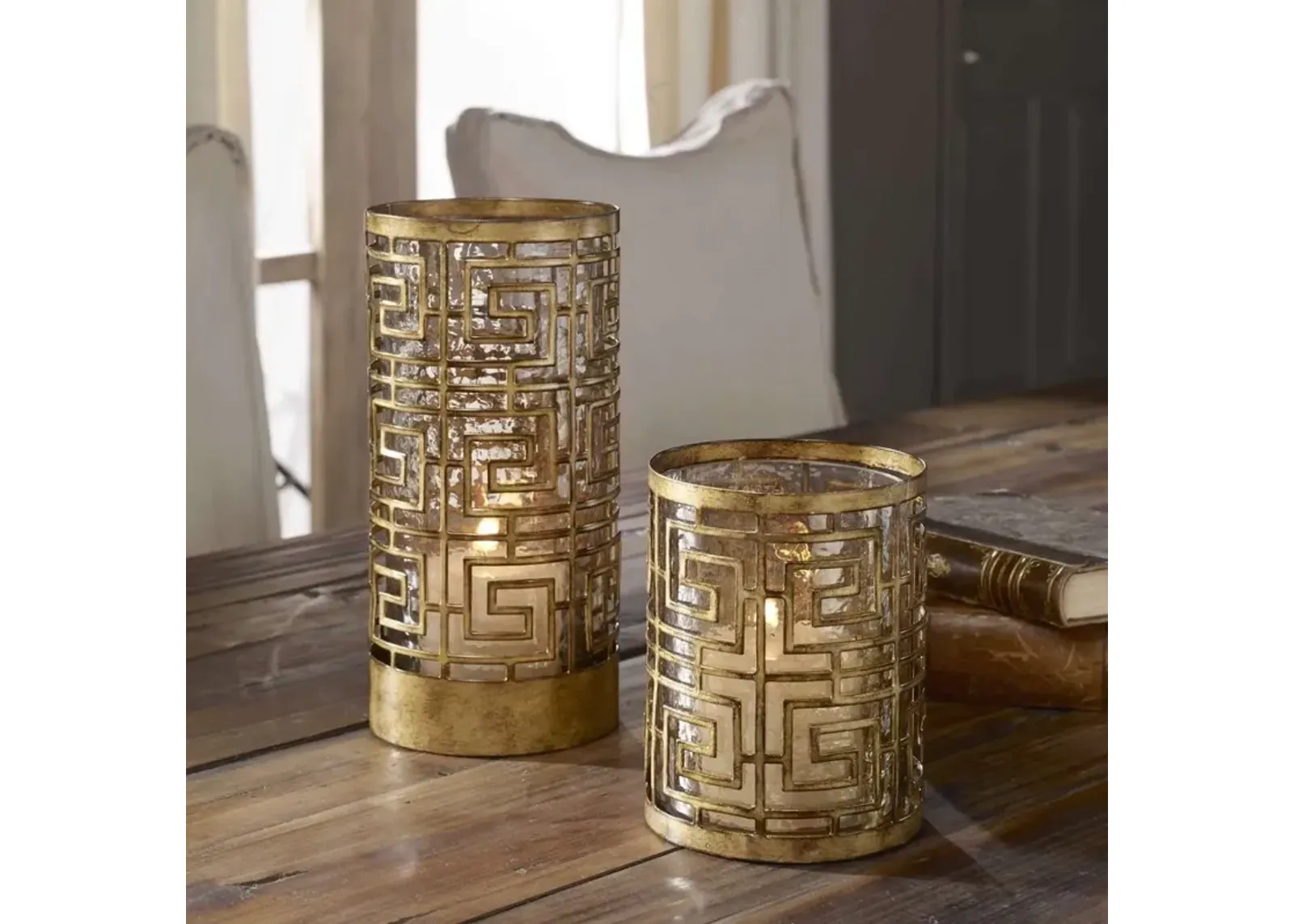 Uttermost Ruhi Antiqued Gold Hurricane Candle Holders