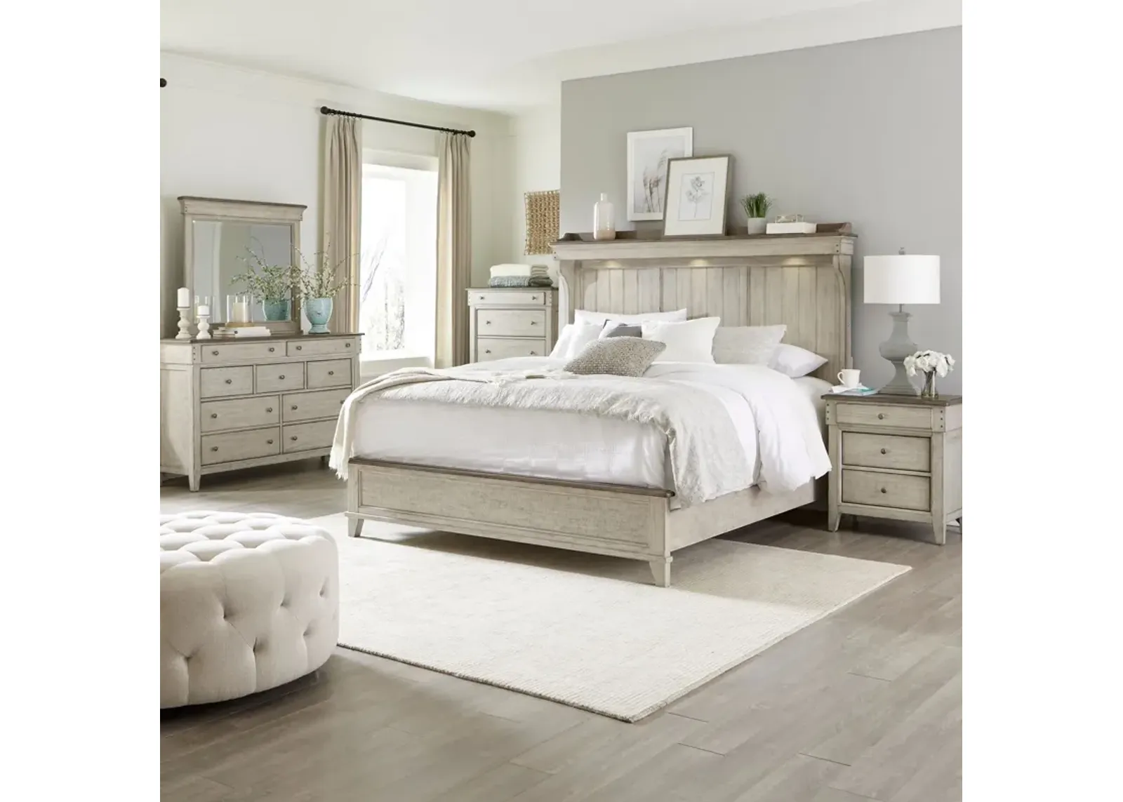 Liberty Furniture Complete Queen Bedroom Set Mantel Bed, Dresser, Mirror, Chest & Nightstand Ivy Hollow