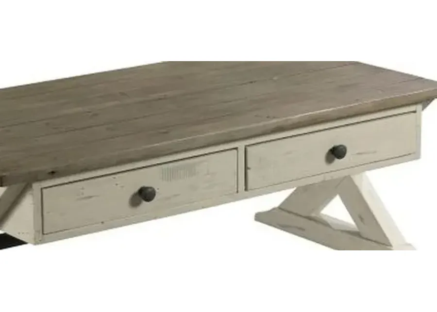 RECLAMATION PLACE TRESTLE RECTANGULAR 2 DRAWER COCKTAIL TABLE - SUNDRIED NATURAL