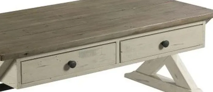 RECLAMATION PLACE TRESTLE RECTANGULAR 2 DRAWER COCKTAIL TABLE - SUNDRIED NATURAL