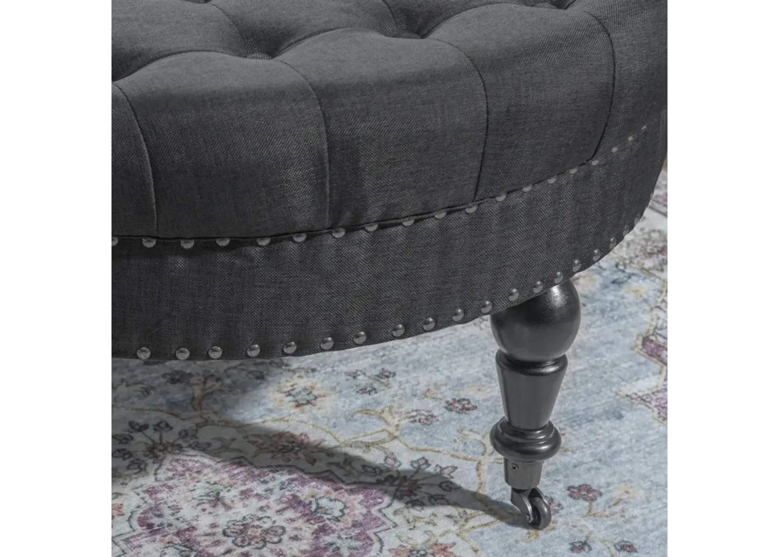 Linon Isabelle Charcoal Round Tufted Ottoman