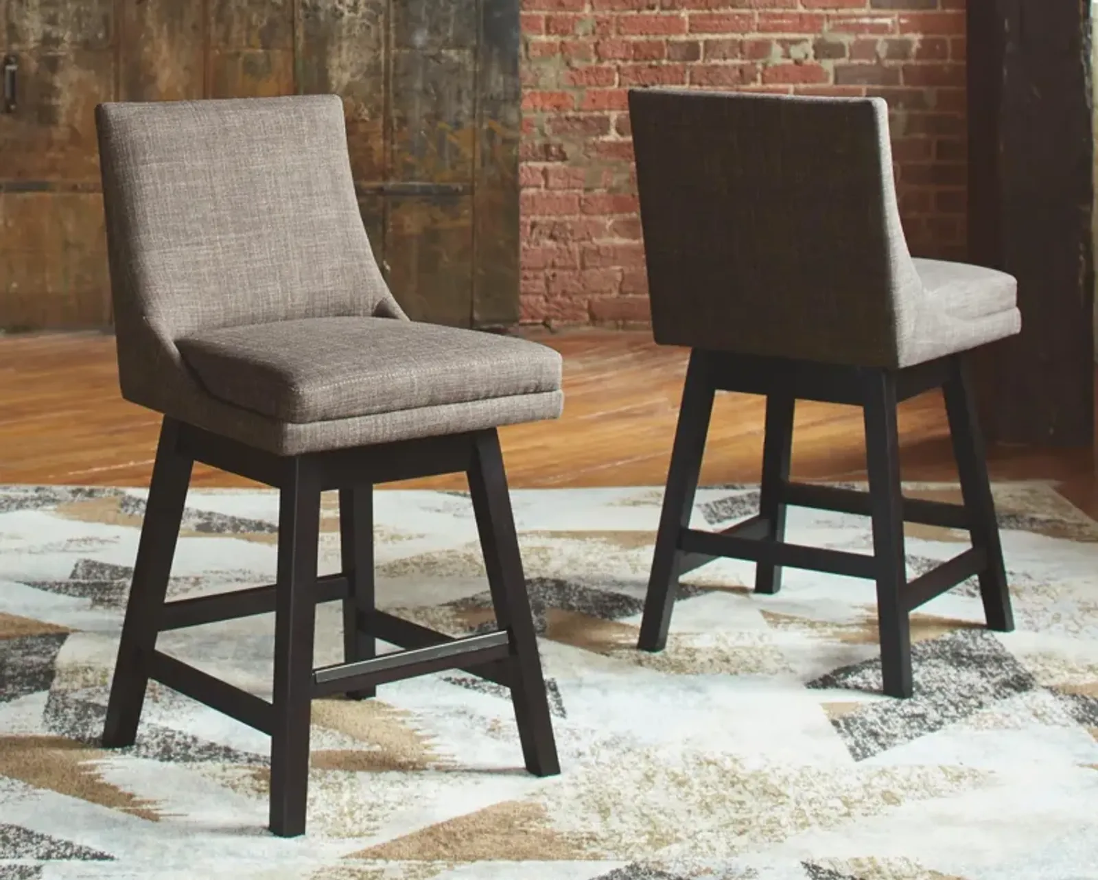 Ashley Contemporary Modern Counter Height Barstools in Brown Linen Fabric with Wooden Base