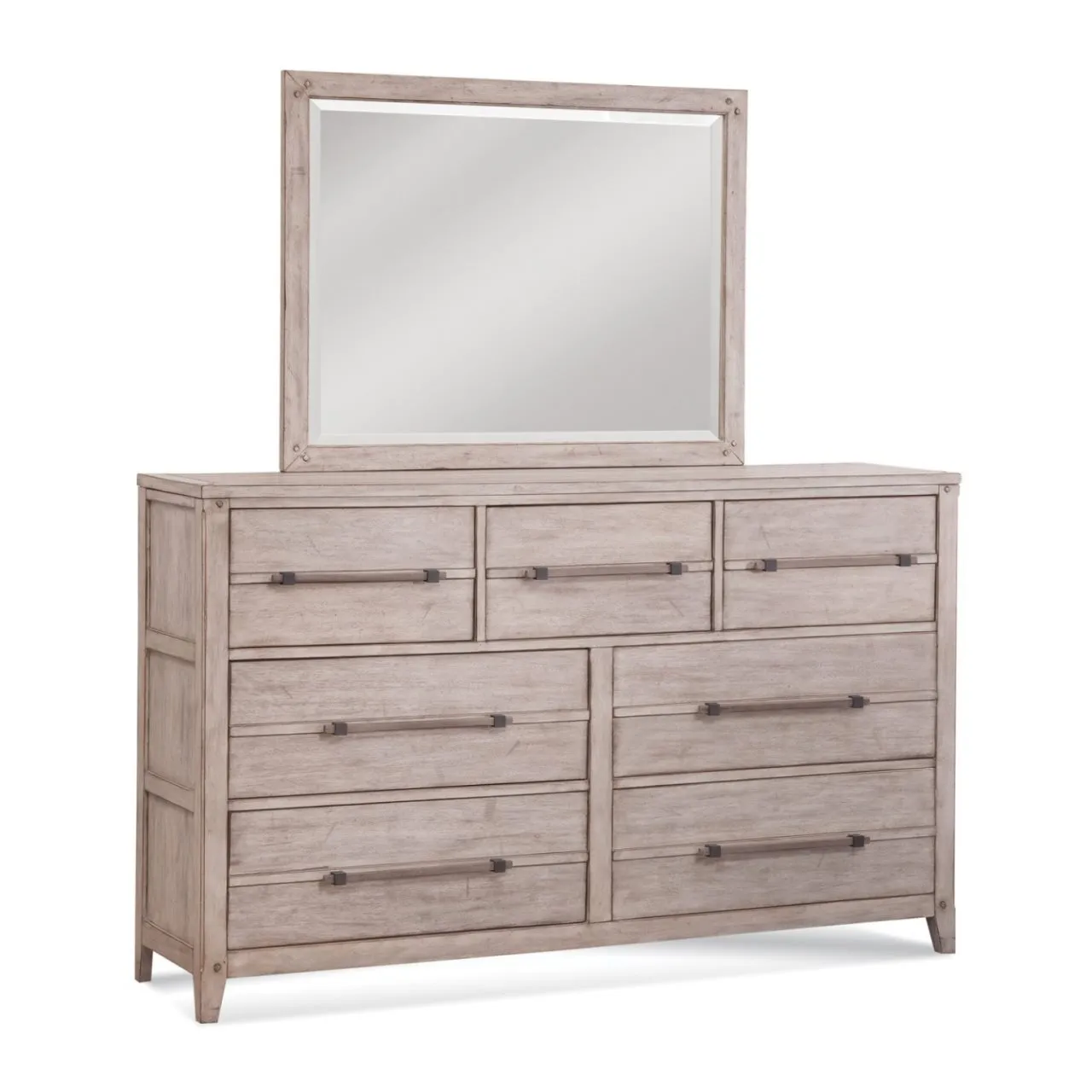 AURORA WHITEWASH 4-PIECE BEDROOM SET - QUEEN PANEL BED WITH STORAGE FOOTBOARD, DRESSER, MIRROR & 1-DRAWER NIGHTSTAND