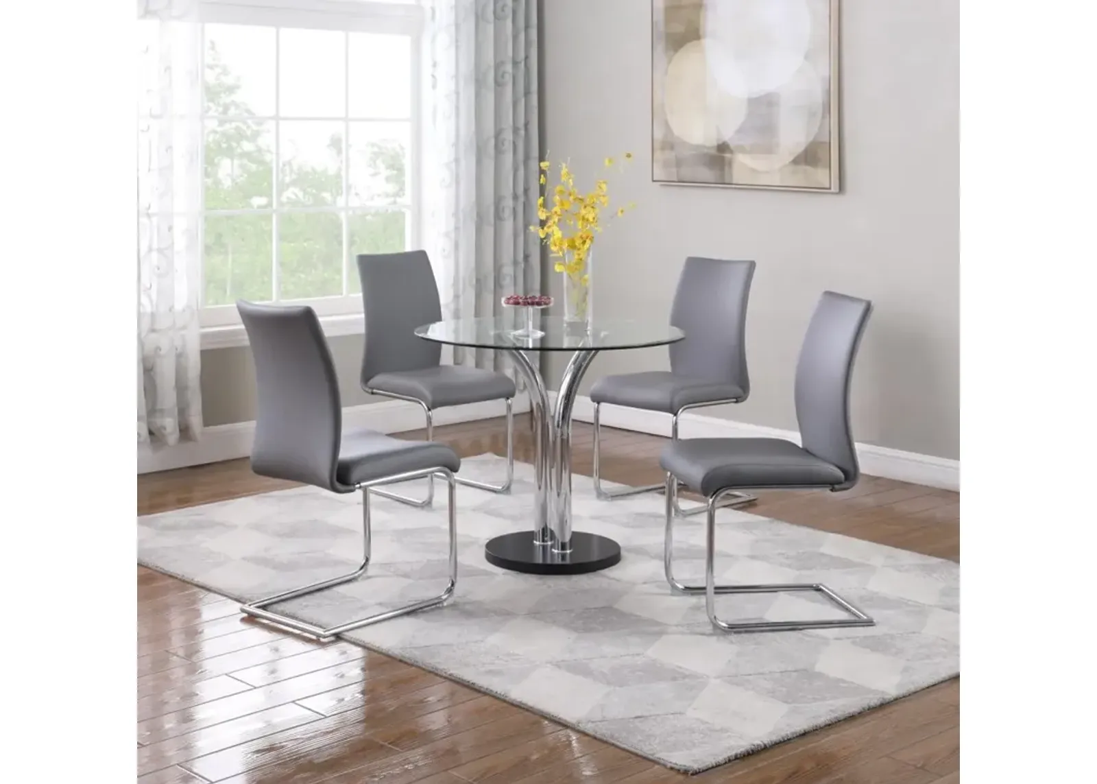 Chintaly Grey Dining Set with Glass Top Bistro Table & 4 Cantilever Side Chairs