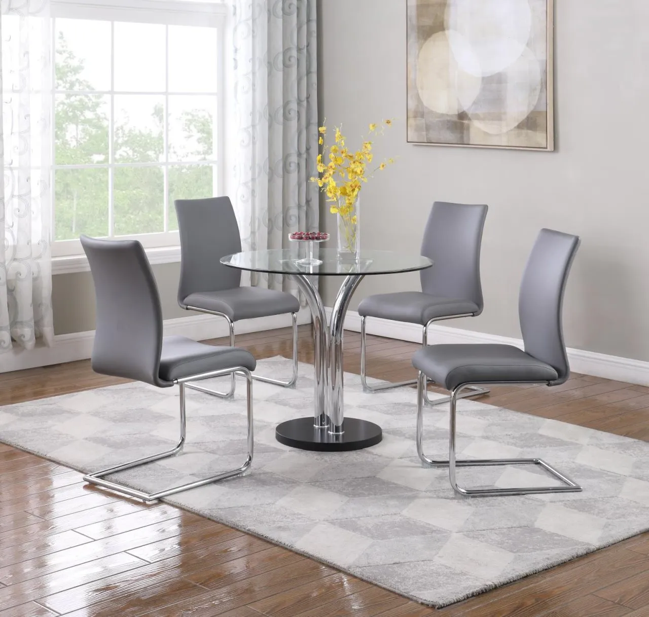 GREY DINING SET WITH GLASS TOP BISTRO TABLE & 4 CANTILEVER SIDE CHAIRS