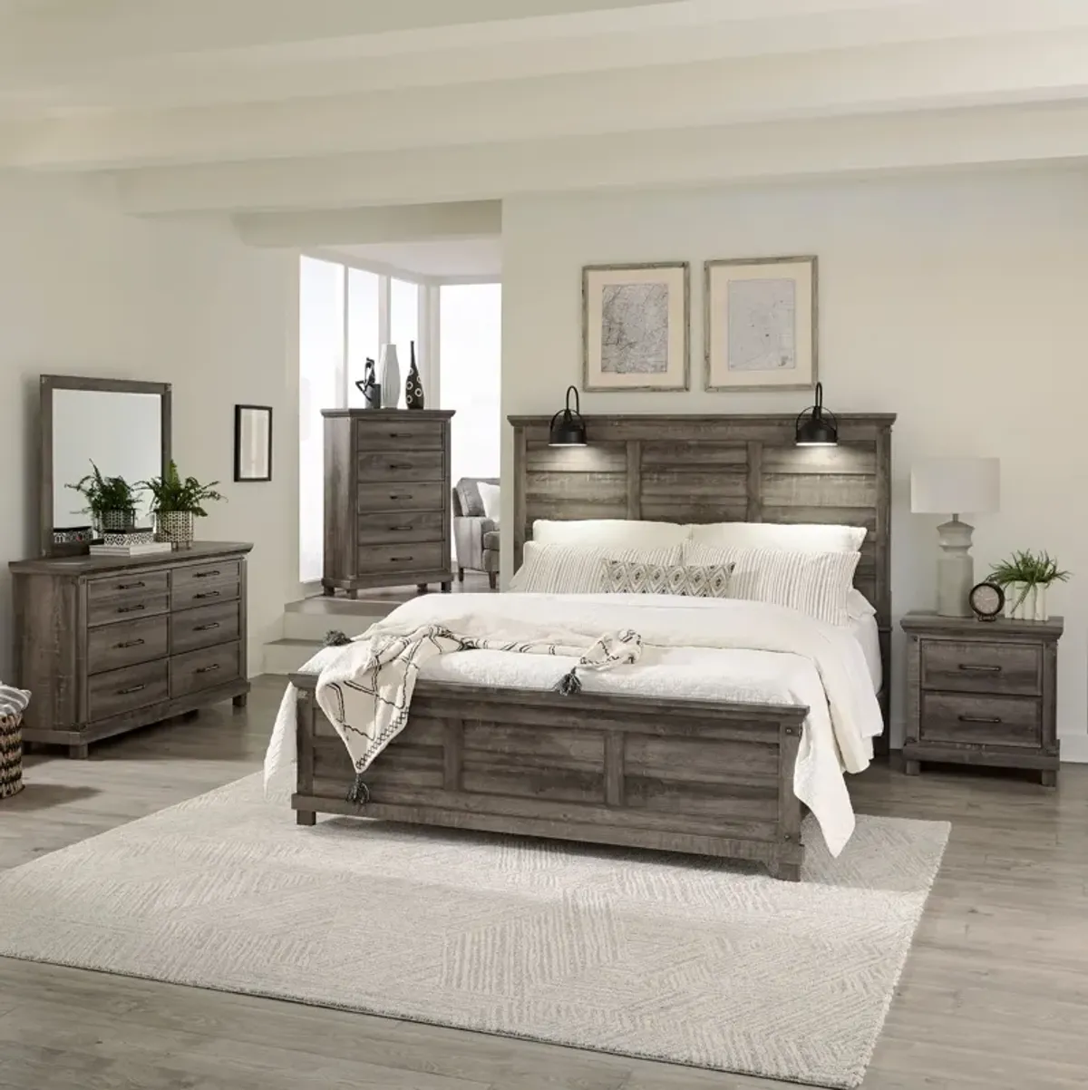 Complete Queen Bedroom Set - Panel Bed, Dresser, Mirror, Chest & Nightstand - Lakeside Haven