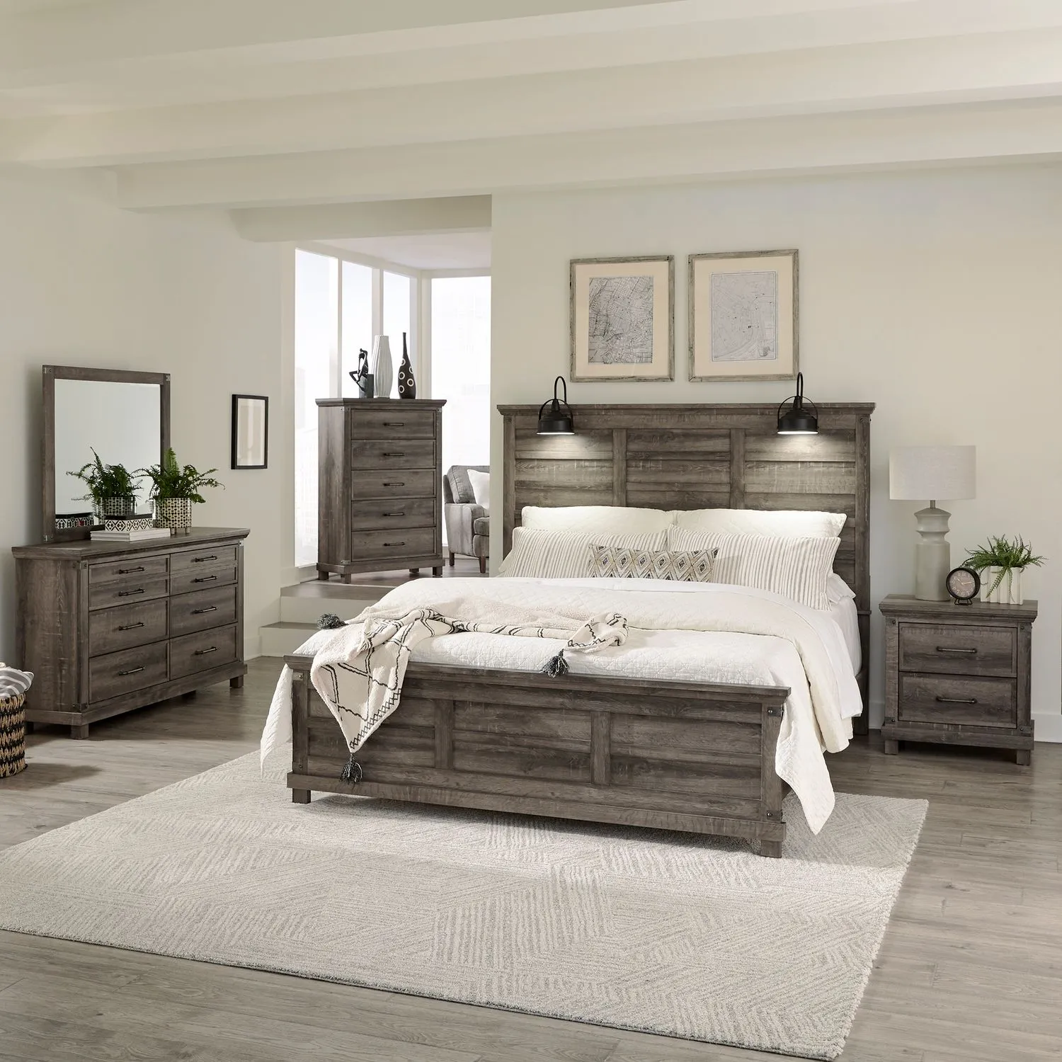 QUEEN PANEL BED DRESSER MIRROR CHEST AND NIGHTSTAND - LAKESIDE HAVEN