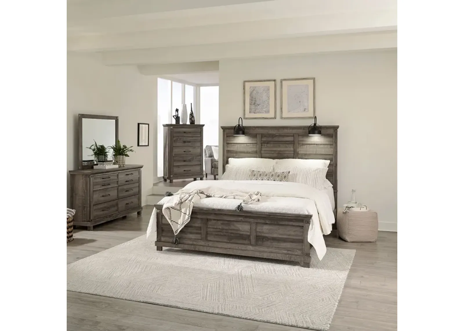 Liberty Furniture Complete Queen Bedroom Set Panel Block Feet Bed, Dresser, Mirror & Chest Lakeside Haven