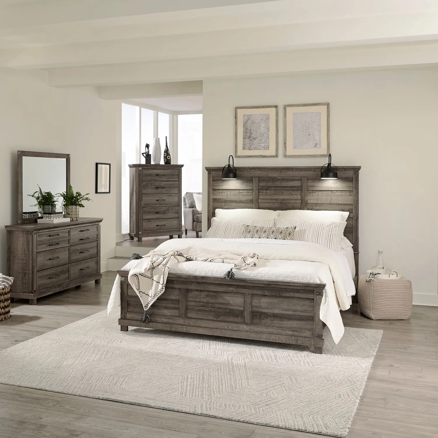 QUEEN BLOCK FEET PANEL BED DRESSER MIRROR CHEST - LAKESIDE HAVEN