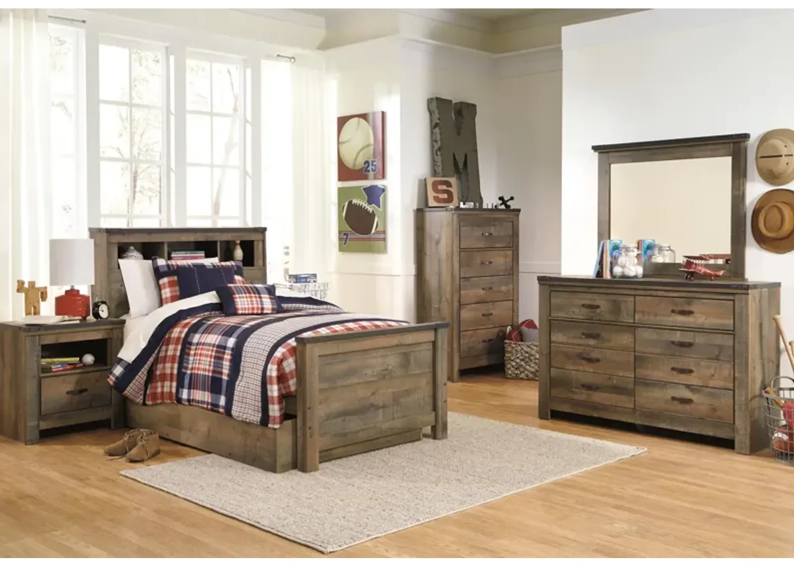 Ashley Trinell Rustic Brown Twin Bookcase Bed with 1 Large Storage Drawer