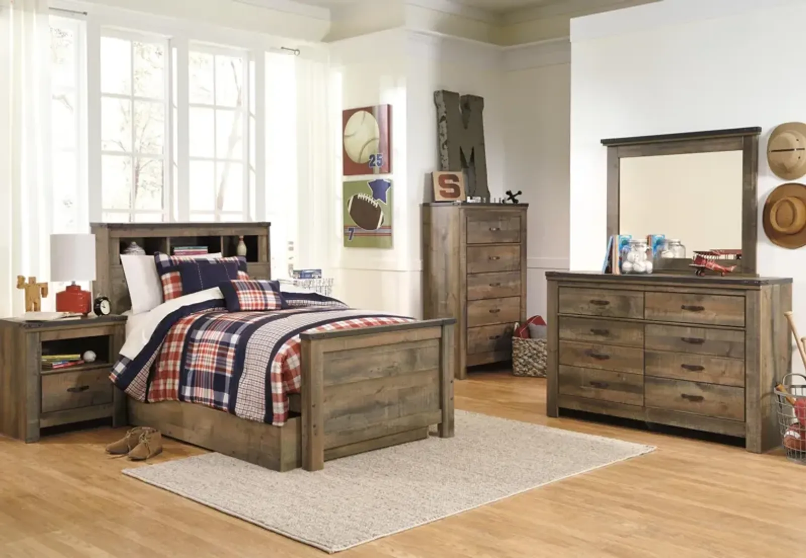 Ashley Trinell Rustic Brown Twin Bookcase Bed with 1 Large Storage Drawer