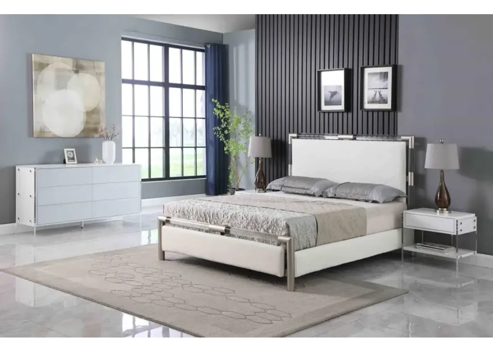 Chintaly Barcelona Upholstered Queen Bed with Solid Acrylic & Brushed Nickel Frame