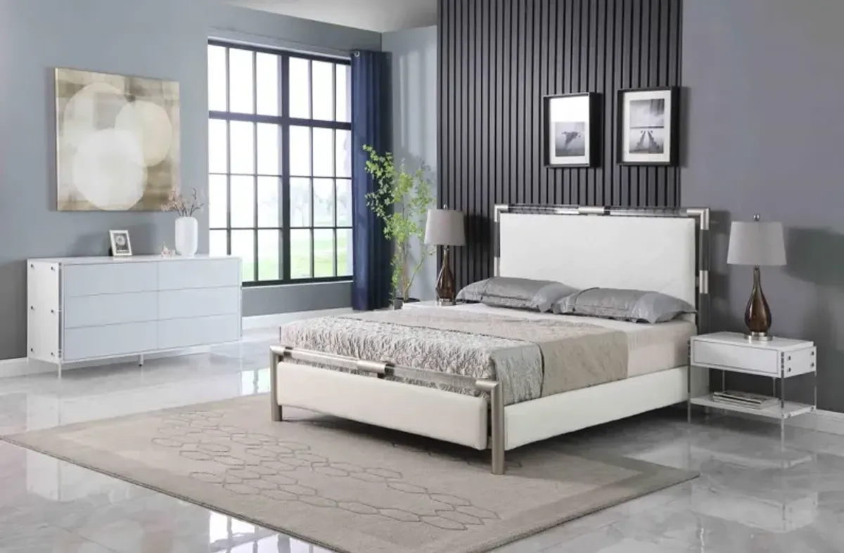 Chintaly Barcelona Upholstered Queen Bed with Solid Acrylic & Brushed Nickel Frame