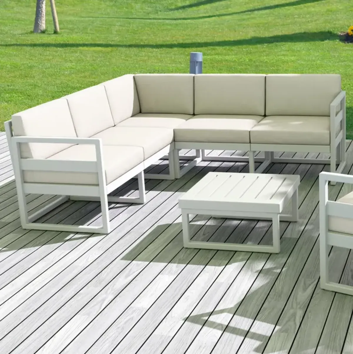 Mykonos Corner Sectional 5-Person White Sunbrella Natural Cushion Outdoor Lounge Set