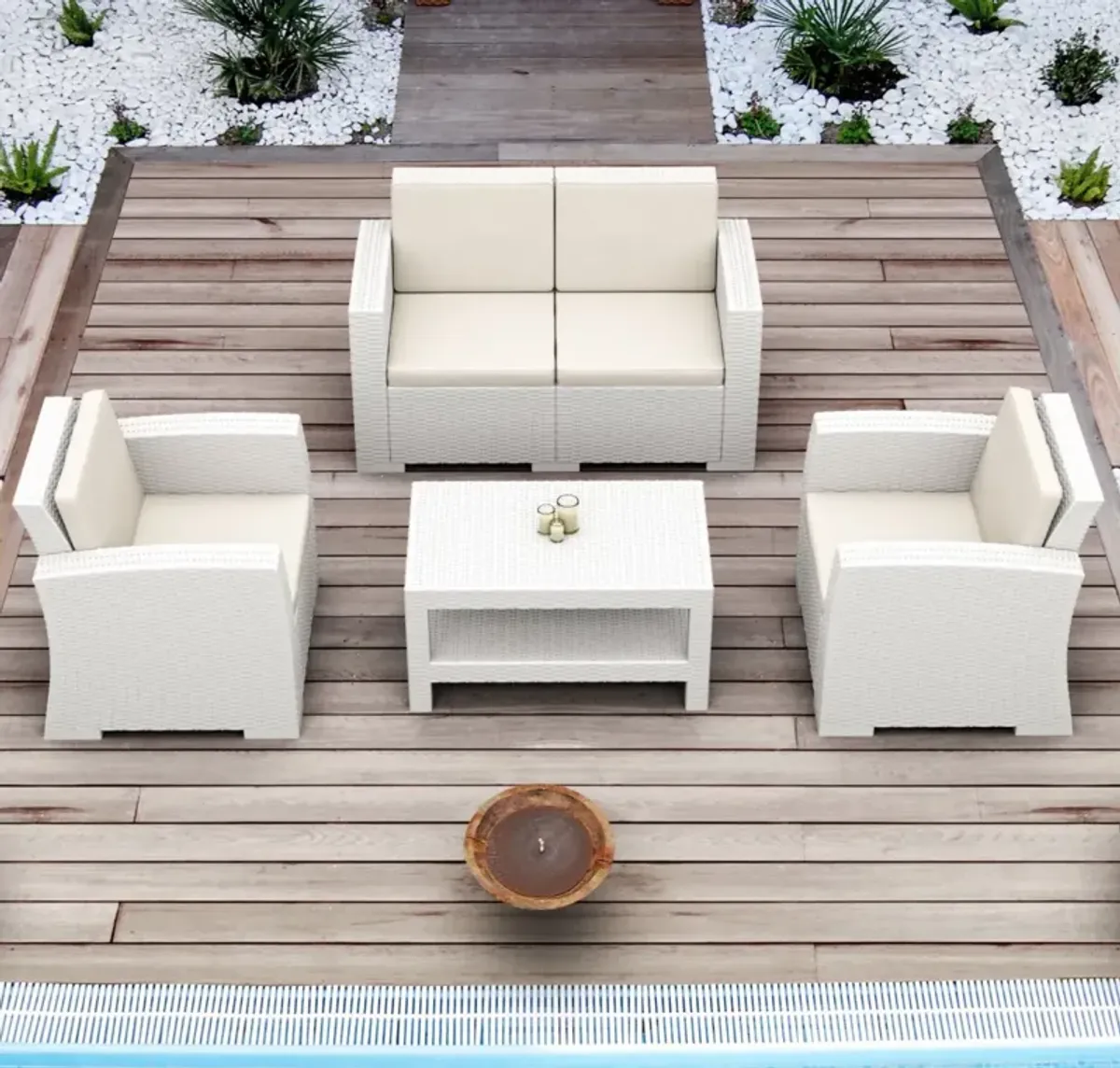 Compamia Monaco Resin 4-Piece White Sunbrella Natural Cushion Outdoor Lounge Set