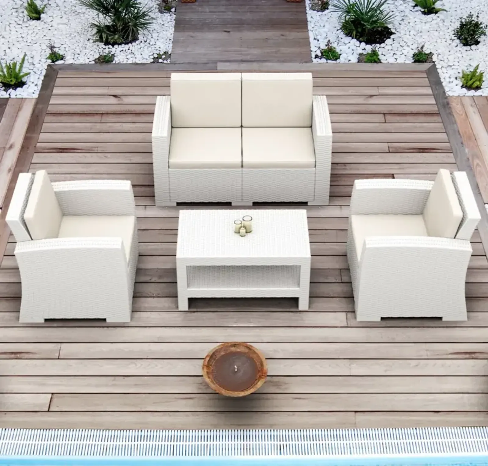 Compamia Monaco Resin 4-Piece White Sunbrella Natural Cushion Outdoor Lounge Set