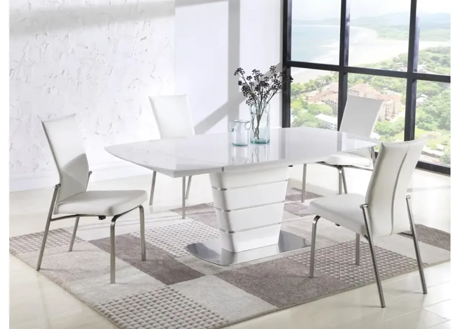 Chintaly Charlotte Contemporary Dining Set with White Glass Table & 4 Motion-Back Chairs