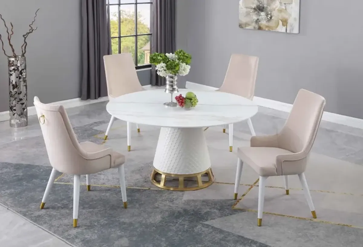 Chintaly Khloe Beige Dining Set with Sintered Stone Wooden & Golden Table with 4 Wooden Legged Side Chairs