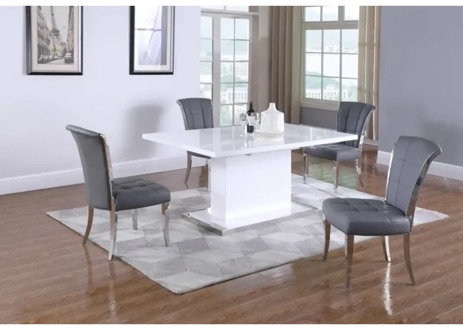 Chintaly Krista Grey Modern Dining Set with Extendable White Table & Gray Chairs