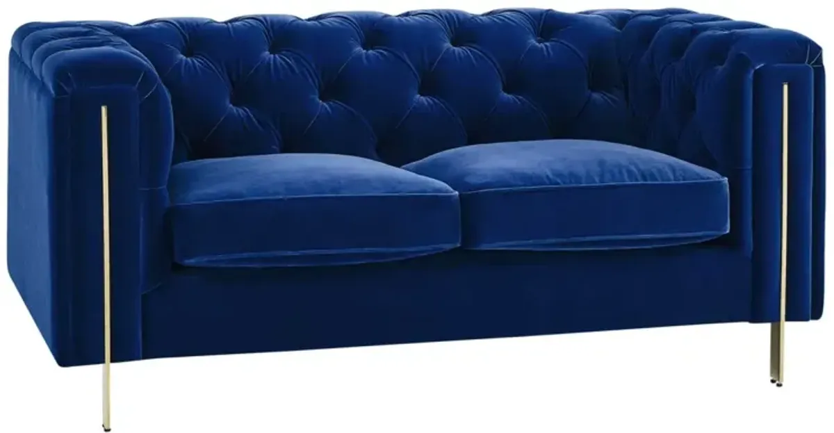 Steve Silver Charlene Blue Sapphire Velvet Button Tufted Rolled Arm Chesterfield Loveseat