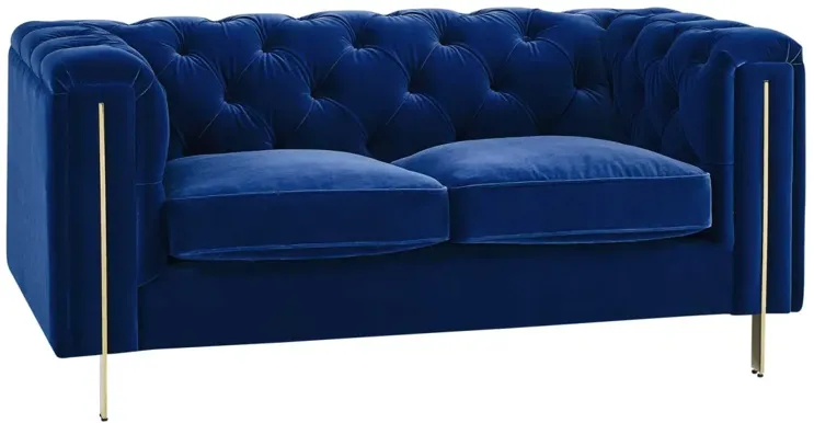 CHARLENE BLUE VELVET BUTTON TUFTED ROLLED ARM CHESTERFIELD LOVESEAT