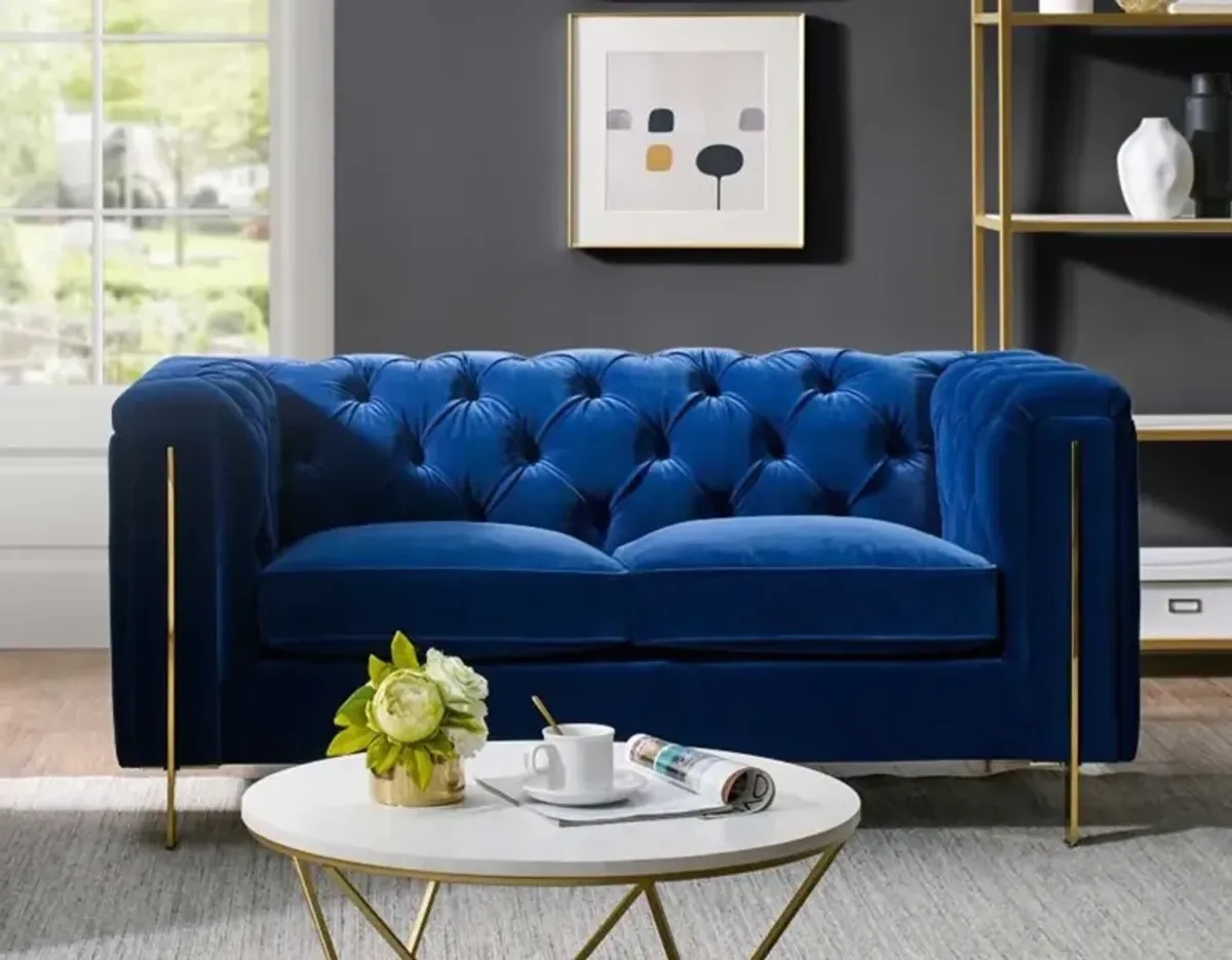 Steve Silver Charlene Blue Velvet Button Tufted Rolled Arm Chesterfield Loveseat