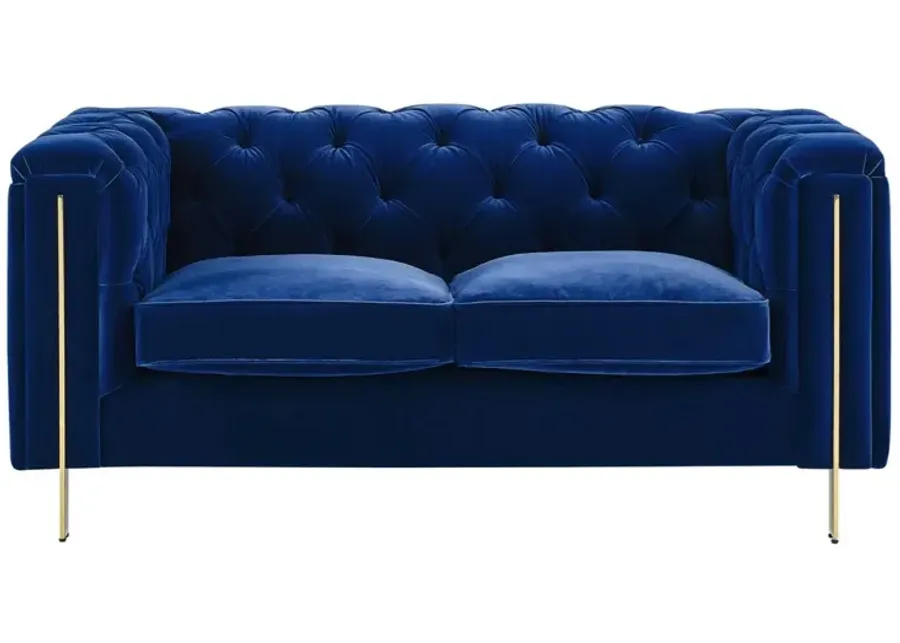 CHARLENE BLUE VELVET BUTTON TUFTED ROLLED ARM CHESTERFIELD LOVESEAT