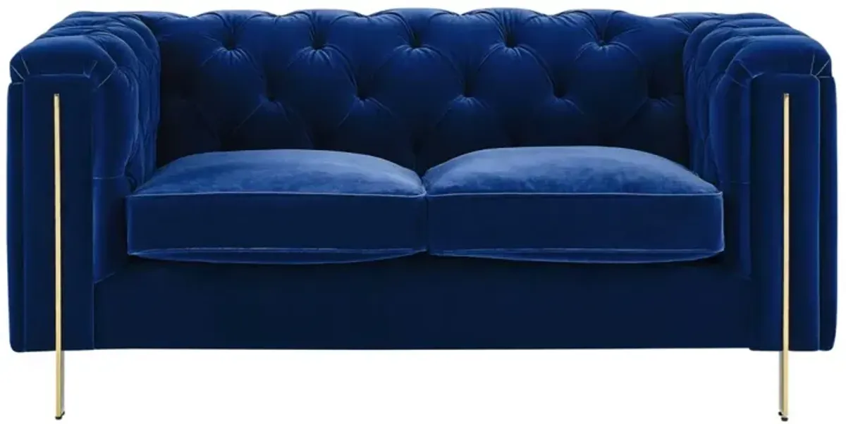 Steve Silver Charlene Blue Sapphire Velvet Button Tufted Rolled Arm Chesterfield Loveseat