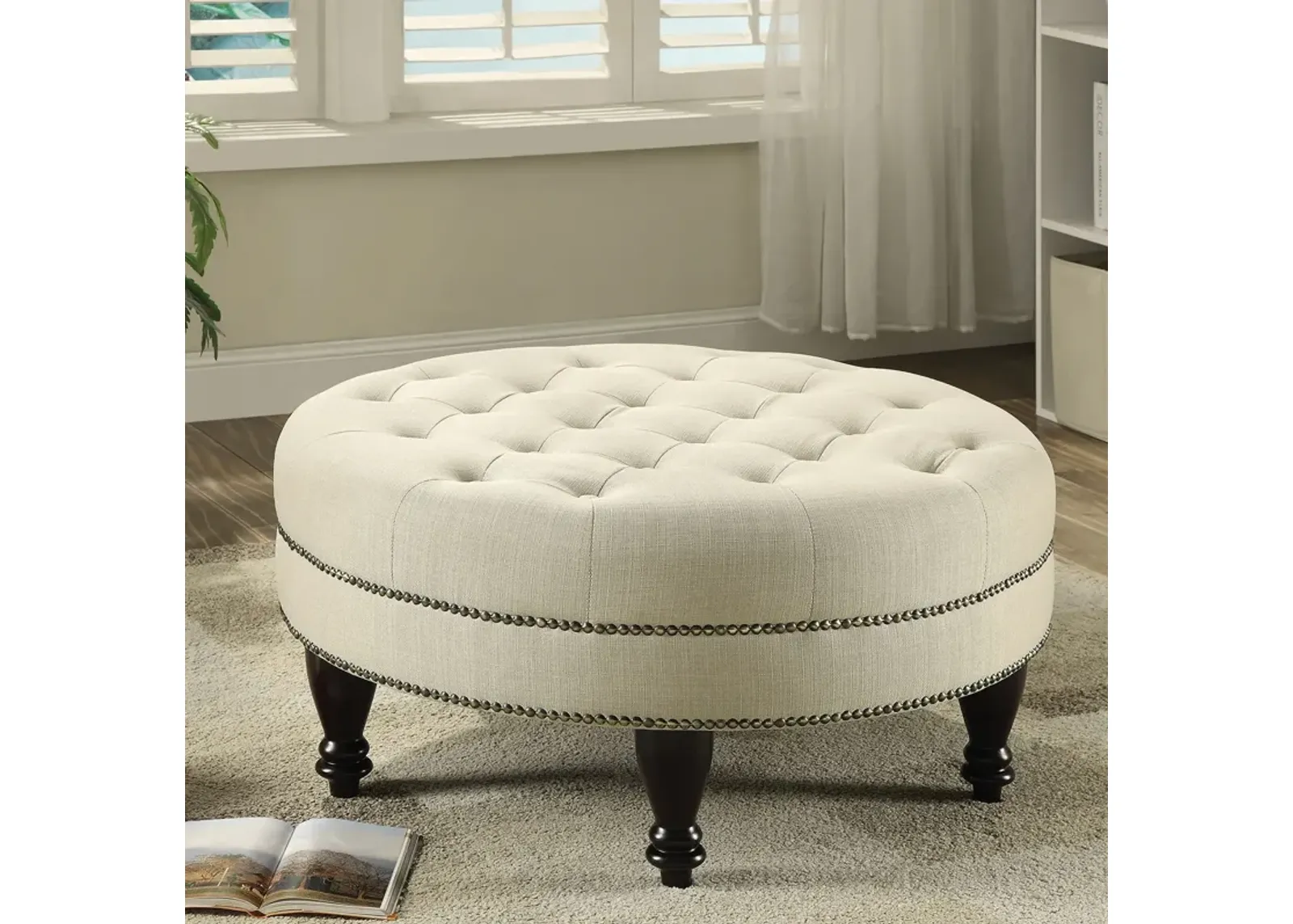 Coaster Elchin Round Upholstered Tufted Ottoman Oatmeal