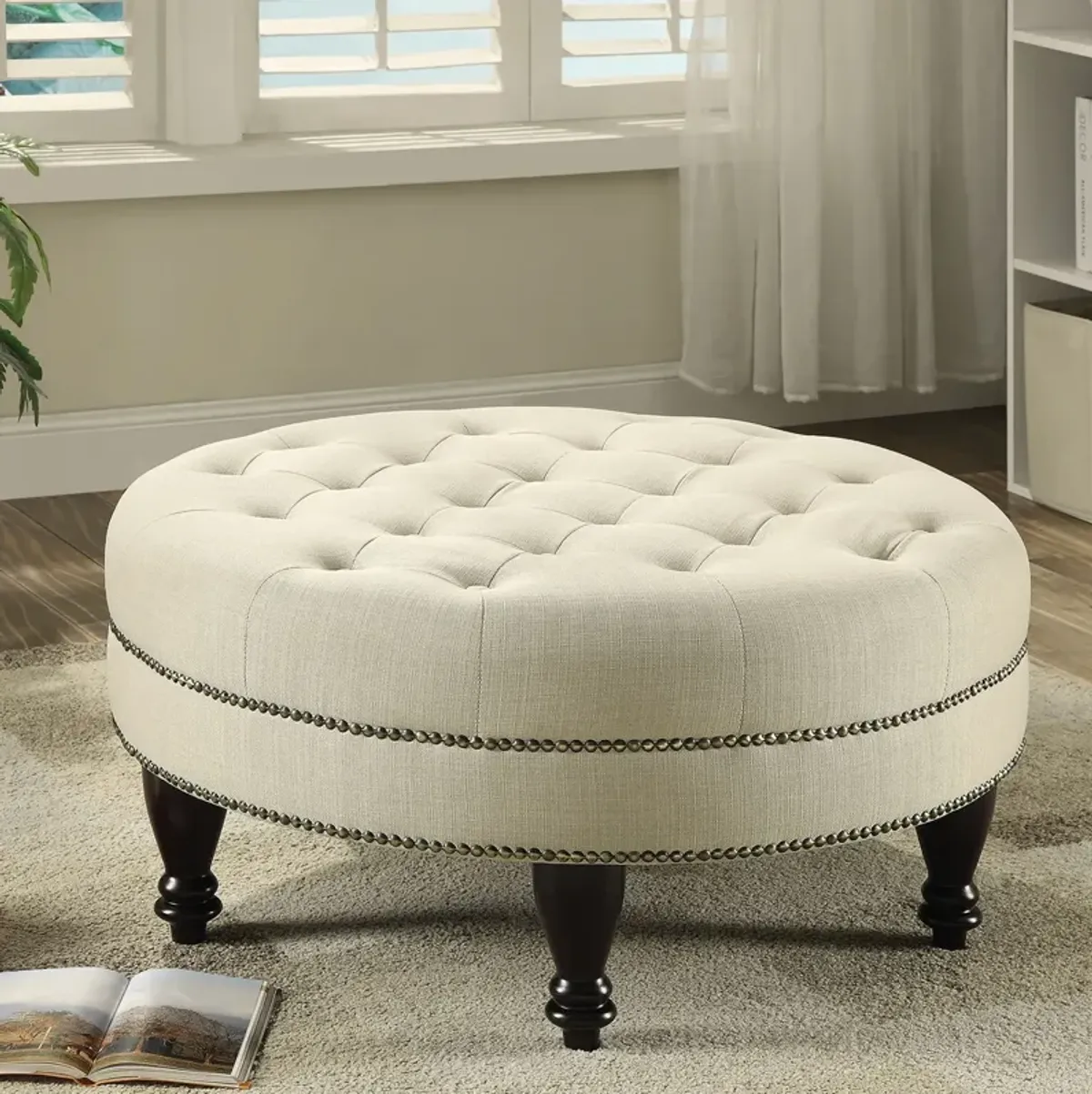 Coaster Elchin Round Upholstered Tufted Ottoman Oatmeal