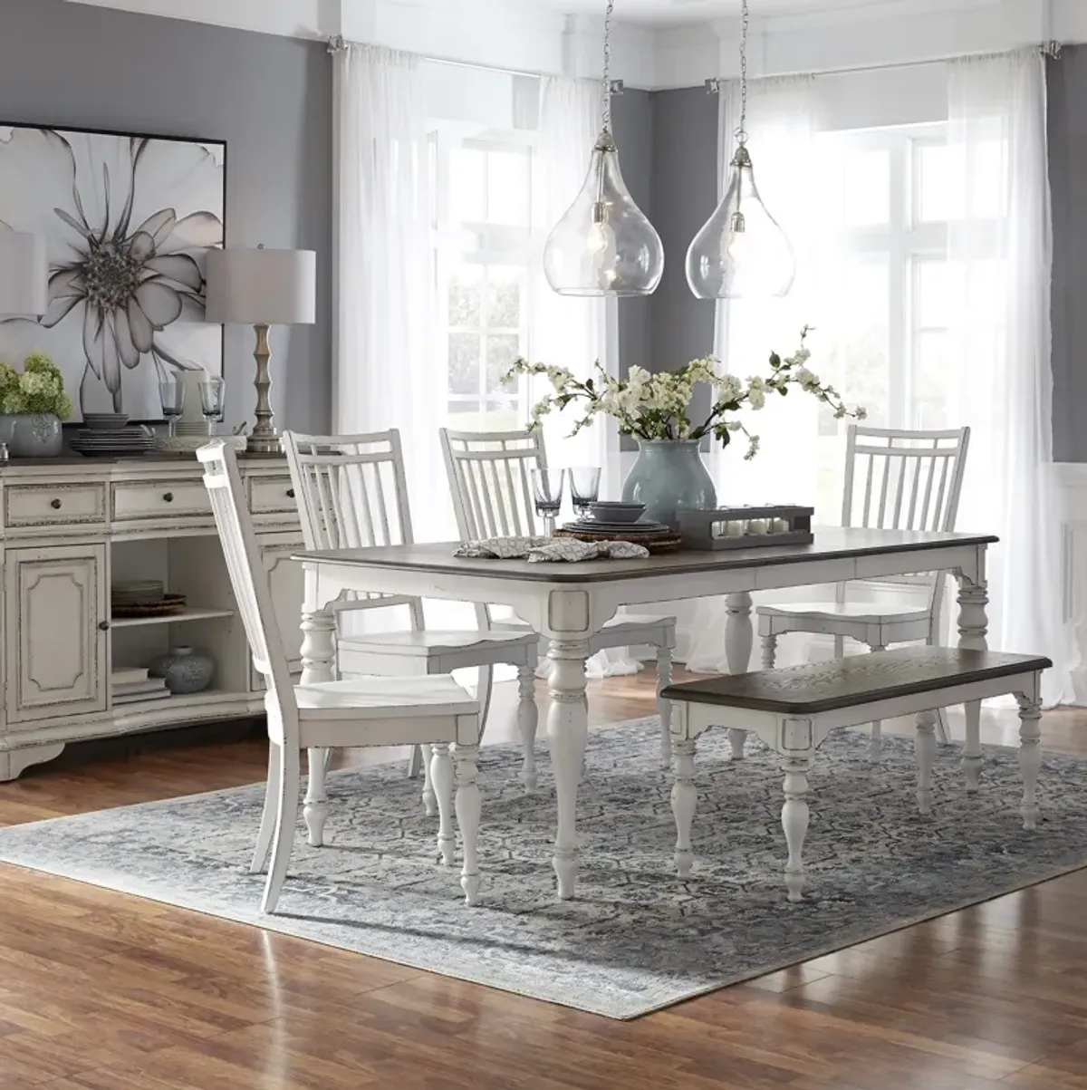 Liberty Furniture 6-Piece Antique White Weathered Bark Leg Dining Table Set Magnolia Manor