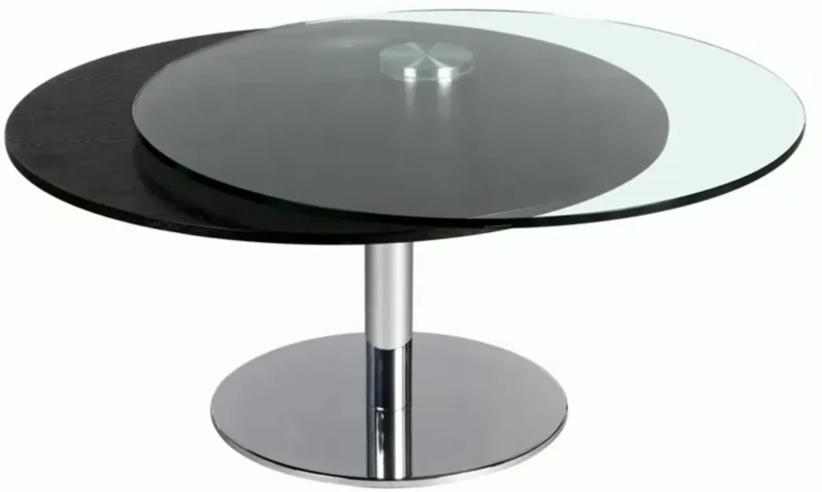 Chintaly Contemporary Dual Round Top Motion Cocktail Table with Glass & Solid Wood Top