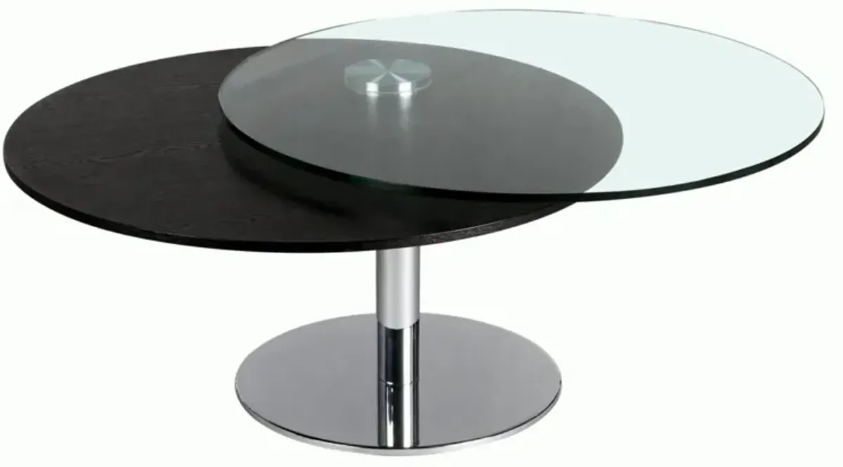 Chintaly Contemporary Dual Round Top Motion Cocktail Table with Glass & Solid Wood Top